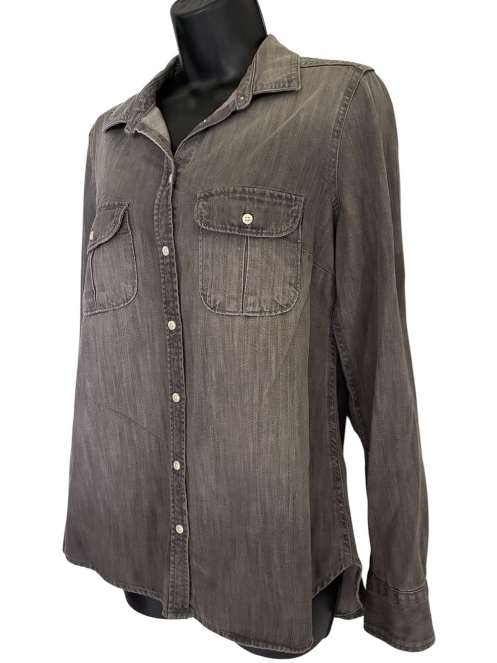 Grunge Utilitarian Skater Indie Washed Gray Long-Sleeve Button Down Shirt Sz M - Picture 2 of 7